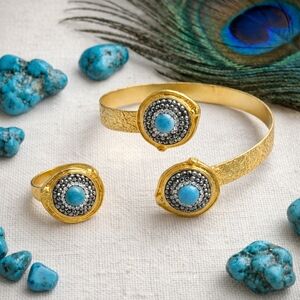 18K Gold Plated Turkish Cuff Bracelet Ring Set Turquoise Hematite Boho Jewelry